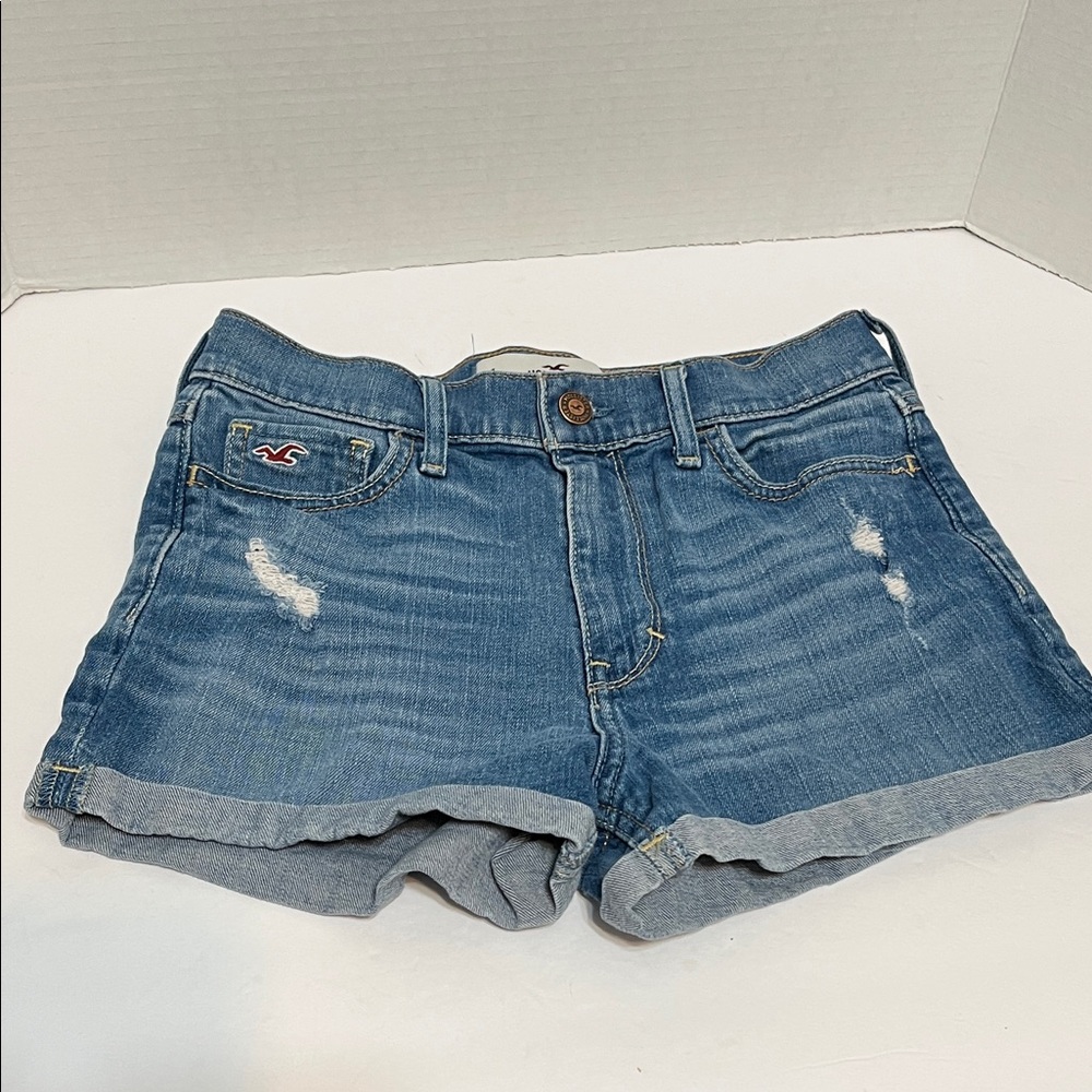 Hollister Women's Medium Blue Distressed Denim Roll-Up Shorts